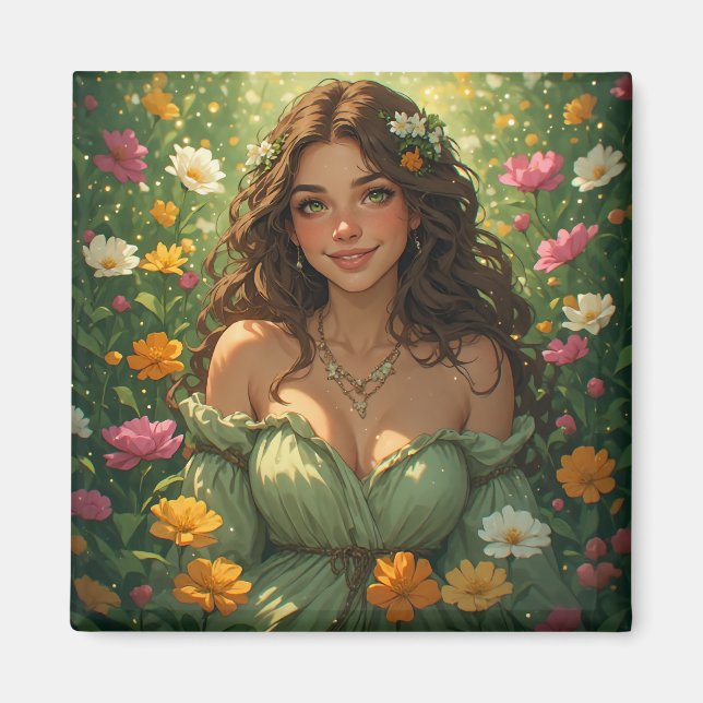 Aimant Déesse nymphe de la nature estivale en robe verte  (Devant)