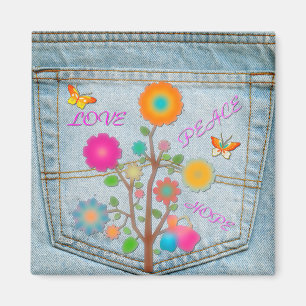 Aimant Denim Back Fleurs de poche Paix Aimer Espoir