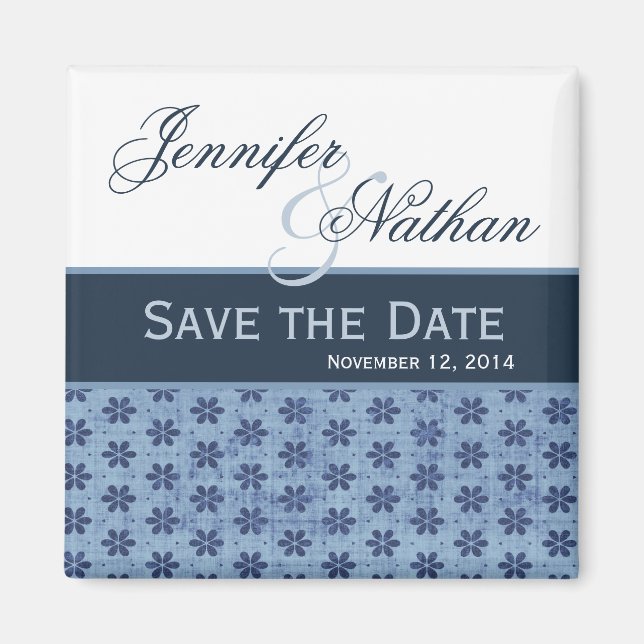 Aimant Denim Blue Damask Enregistrer la date Mariage Magn (Devant)