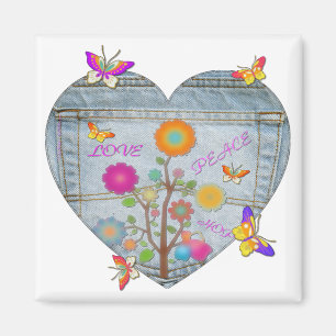 Aimant Denim Pocket Fleurs cardiaques Papillons
