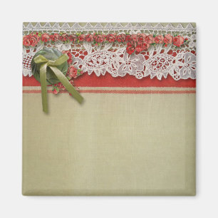 Aimant Dentelle de Rose Antique Rouge Rustique Burlap Vic