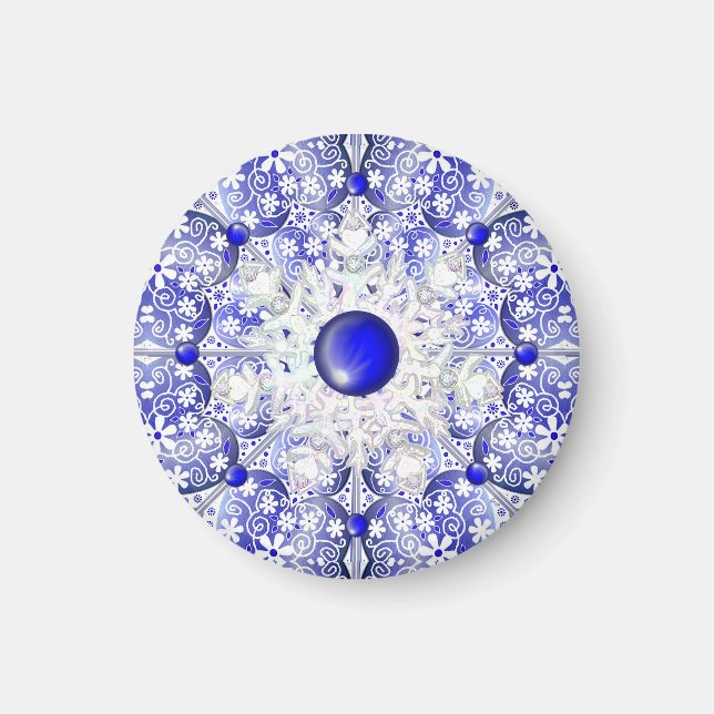 Aimant Dentelle en céramique Bleu de Grèce & flocon de ne (Devant)