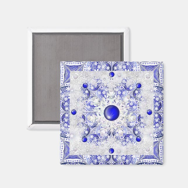Aimant Dentelle en céramique Bleu de Grèce & flocon de ne (Recto/Verso)