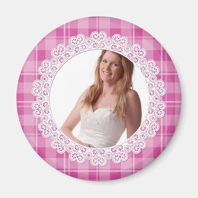 Aimant Dentelle et plaid - Coeur sur rose- (Devant)