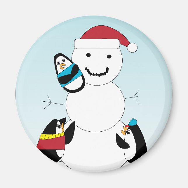 Aimant Des pingouins construisent un bonhomme de neige en (Devant)