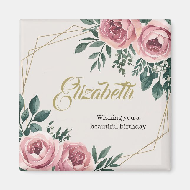 Aimant Design avec fleurs d'aquarelle et accents d'or (Devant)