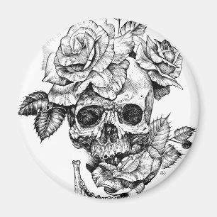 Aimant Dessin crâne humain et encre noire rose