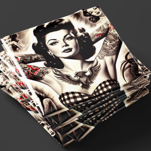 Aimant Dessin de pin-up tatoué noir et blanc vintage