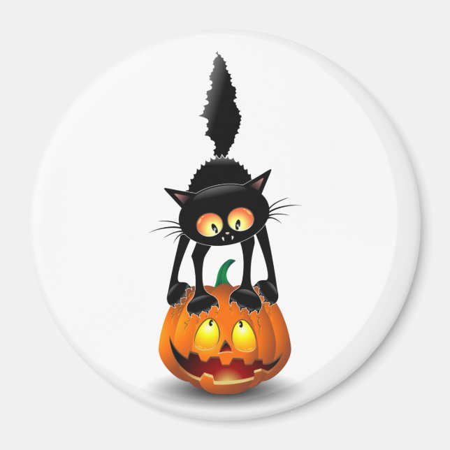 Aimant Dessin d'Halloween au chat effrayé sur Citrouille (Devant)