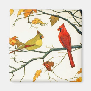 Aimant Dessin japonais Vintage, Cardinals sur une branche