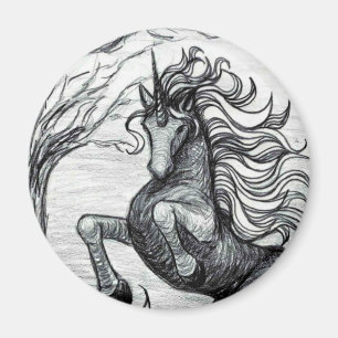 Aimant Dessin noir et blanc de licorne noire de licornes