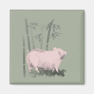 Aimant Dessin original Pig et bambou carré