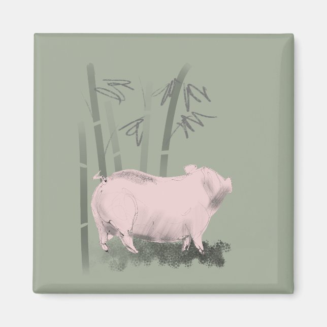 Aimant Dessin original Pig et bambou carré (Devant)