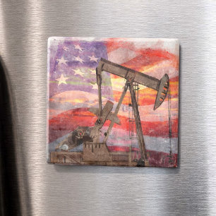 Aimant Dessin pastel patriotique d'un pumpjack au coucher