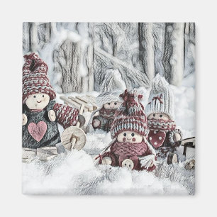 Aimant Dessin vintage de Gnomes dans la neige