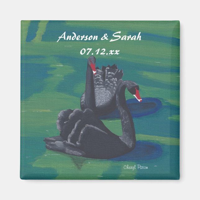 Aimant Deux cygnes noirs nageant Date personnalisée Magne (Devant)