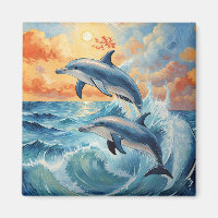 Deux dauphins de saut artistique Coucher de soleil