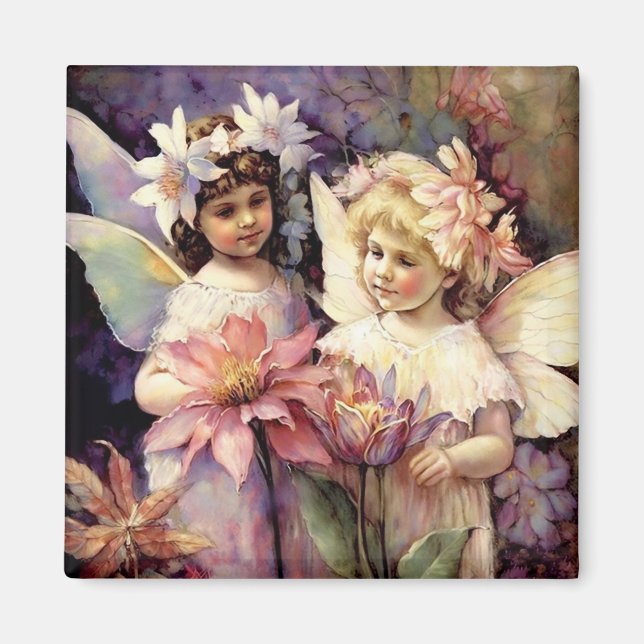 Aimant Deux enfants de fées dans un jardin fleuri (Devant)