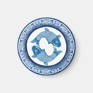 Aimant Deux Poissons Koi Carp Chinoiserie Motif bleu