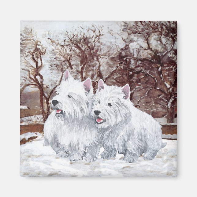 Aimant Deux Westies en hiver (Devant)