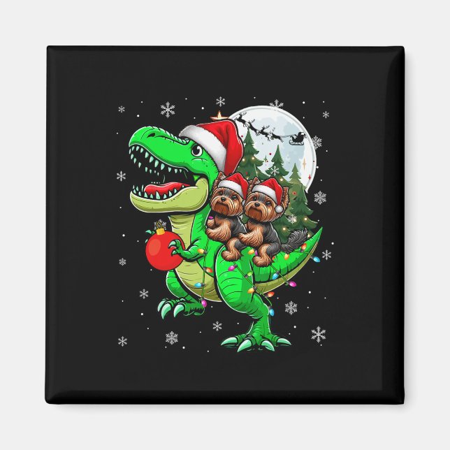 Aimant Deux Xmas Yorkshire Terriers Riding T-rex Reindeer (Devant)