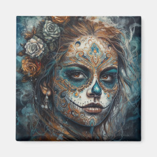 Aimant Dia de los Muertos visage turquoise peint
