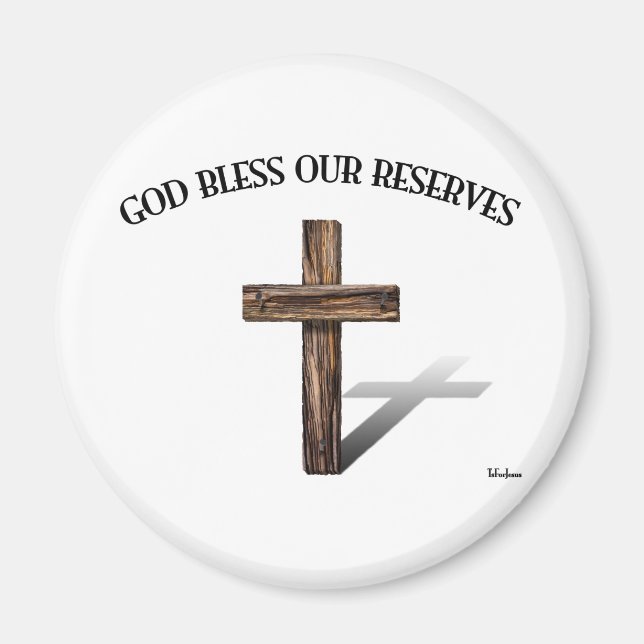 Aimant DIEU BÉNISSE NOS RÉSERVES avec une croix robuste (Devant)