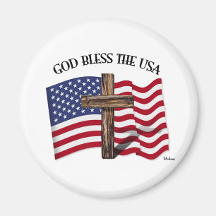 Aimant DIEU BLESS USA avec croix robuste et drapeau US