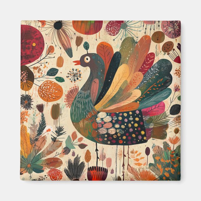 Aimant Dinde rétro boho patchwork d'automne (Devant)