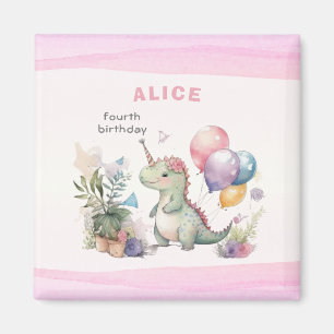 Aimant Dino Party Watercolor Girl rose Anniversaire