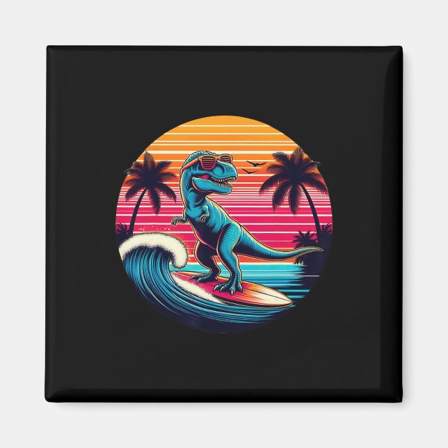Aimant Dinosaure drôle surfant sur le coucher de soleil r (Devant)