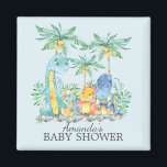 Aimant Dinosaures mignons Baby shower Favoriser l'aimant<br><div class="desc">Dans la jungle colorée,  de mignons dinosaures représentant un groupe de dinosaures avec des palmiers et des feuilles de jungle sur un arrière - plan bleu pour un baby shower de garçons.</div>