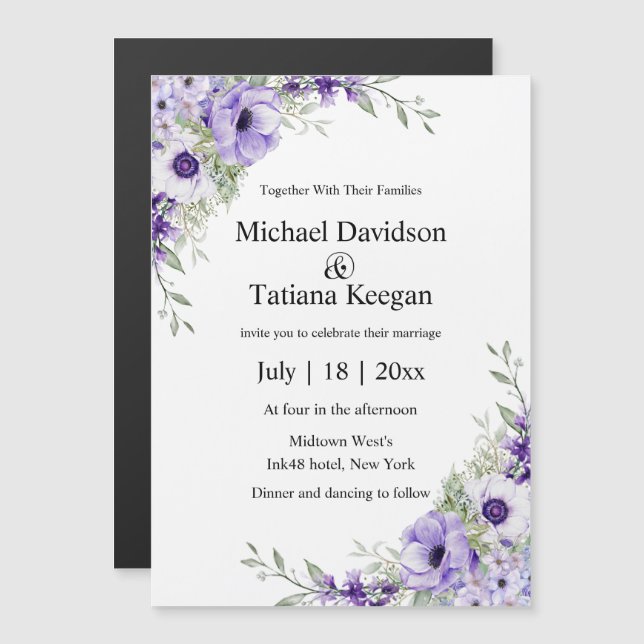 aimant d'invitation de mariage à fleurs violettes  (Devant / Derrière)