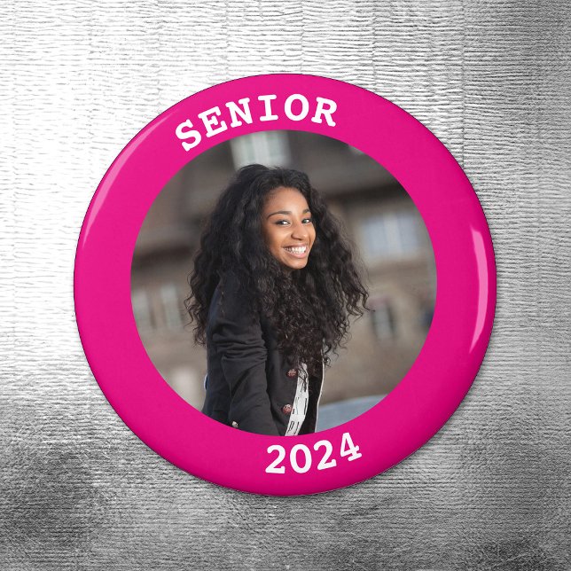 Aimant Diplôme 2023 Pink Hot Round Photo Frontière (Hot Pink Senior Year 2024 Graduation Photo Magnet)