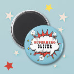 Aimant Discours comique Superhero Cloud Boy Fête d'annive<br><div class="desc">Superhero Comic Speech Cloud Boy Birthday Party Magnet. Ajoutez votre nom. Amusant super héros aimant d'anniversaire pour les garçons.</div>
