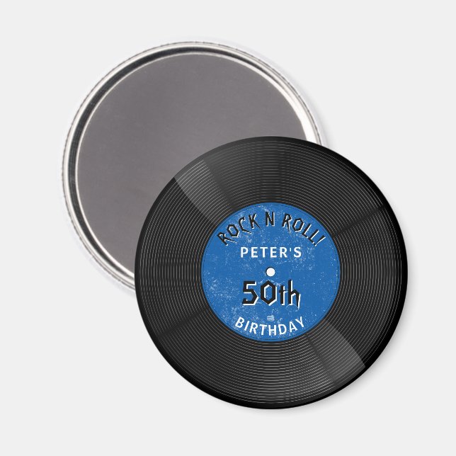 Aimant Disque Vinyle Rétro Rock N Roll Bleu Anniversaire (Recto/Verso)