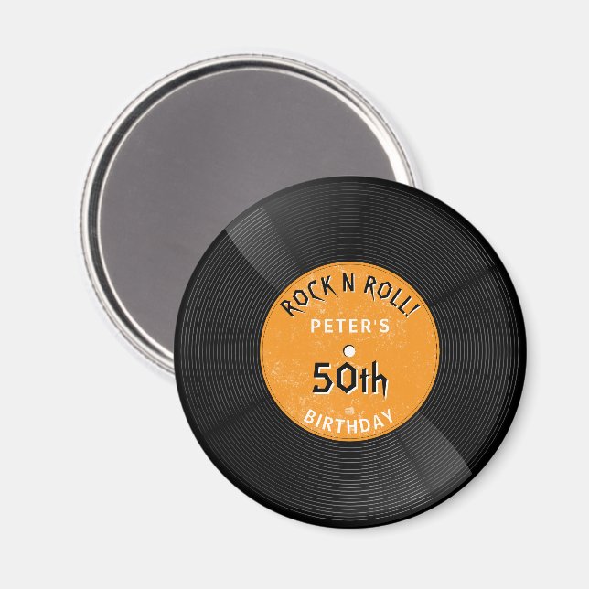 Aimant Disque Vinyle Rétro Rock N Roll Orange Anniversair (Recto/Verso)