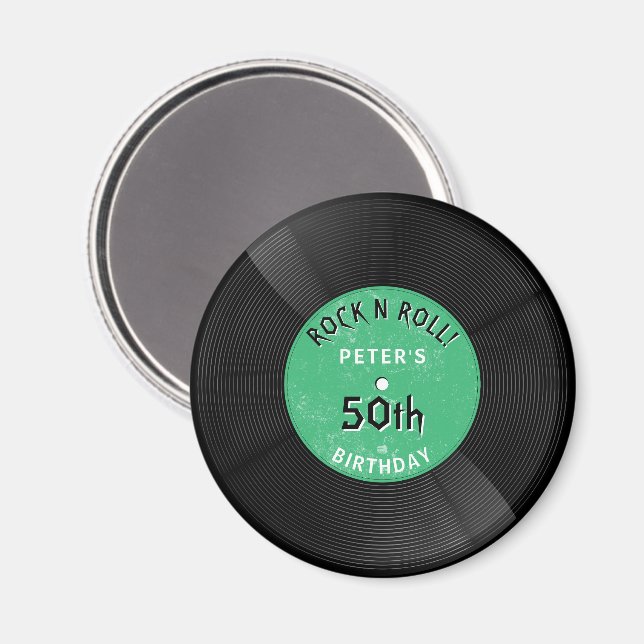 Aimant Disque Vinyle Rétro Rock N Roll Vert Anniversaire (Recto/Verso)