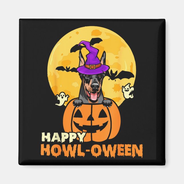 Aimant Doberman noir et feu Sorcière Chien Joyeux Hallowe (Devant)