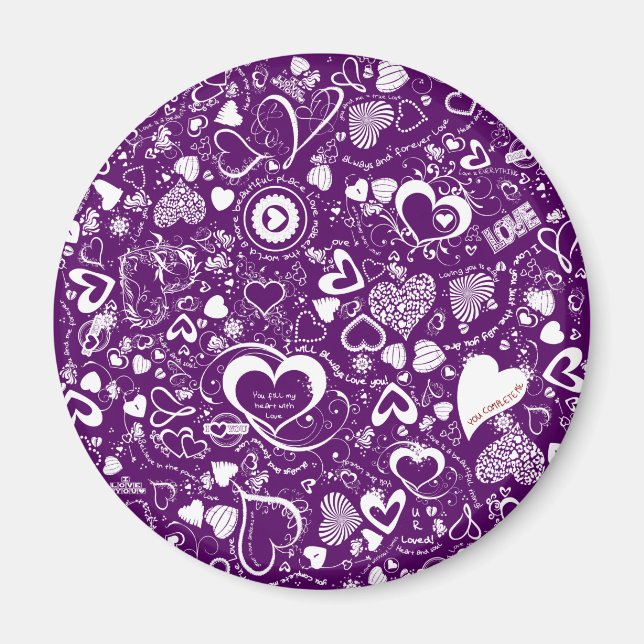 Aimant Doodles d'amour du coeur Purple-Blanc-Rond (Devant)