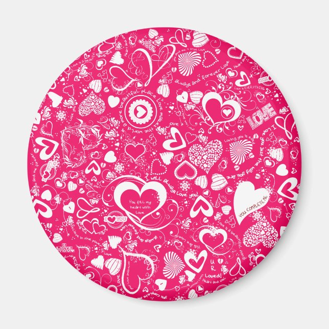 Aimant Doodles d'amour du coeur rose-blanc-rond (Devant)
