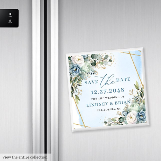 Aimant Doré bleu moderne or floral Enregistrer l'aimant d (Modern Dusty Blue Floral Gold Save the Date Magnet)