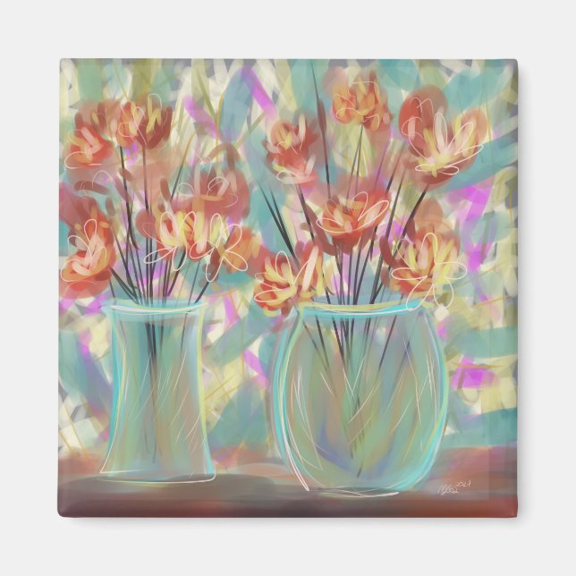 Aimant Double Vase Bouquet Turquoise Art original (Devant)