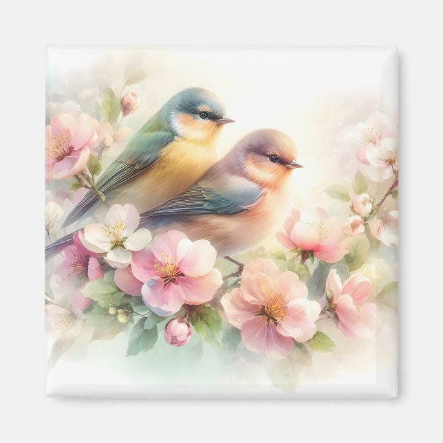 Aimant Douce Amour Oiseaux Fleurs de Printemps Pastel (Devant)