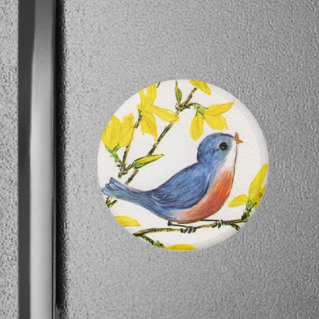 Aimant doux petit oiseau (Sweet little red and blue bird on branch singing with yellow flowers on faux textured white magnet.)