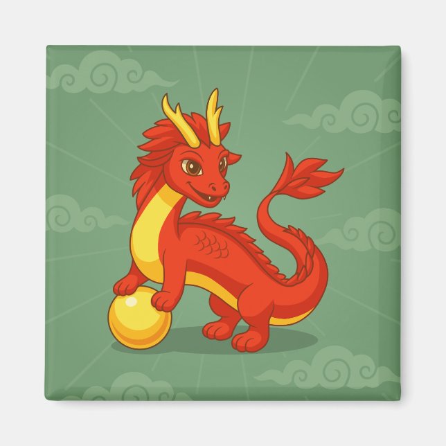 Aimant Dragon Chinois Rouge sur Fond Vert (Devant)