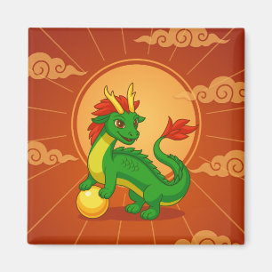 Aimant Dragon Chinois Vert sur Fond Rouge
