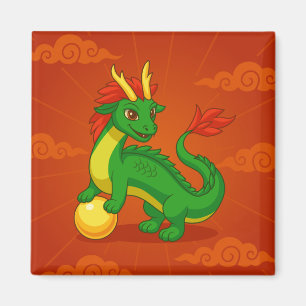 Aimant Dragon Chinois Vert sur Fond Rouge