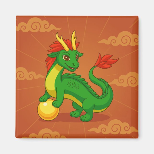 Aimant Dragon Chinois Vert sur Fond Rouge (Devant)