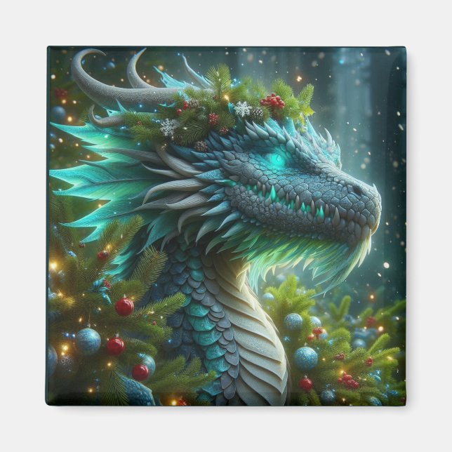 Aimant Dragon de Noël Turquoise Magique (Devant)
